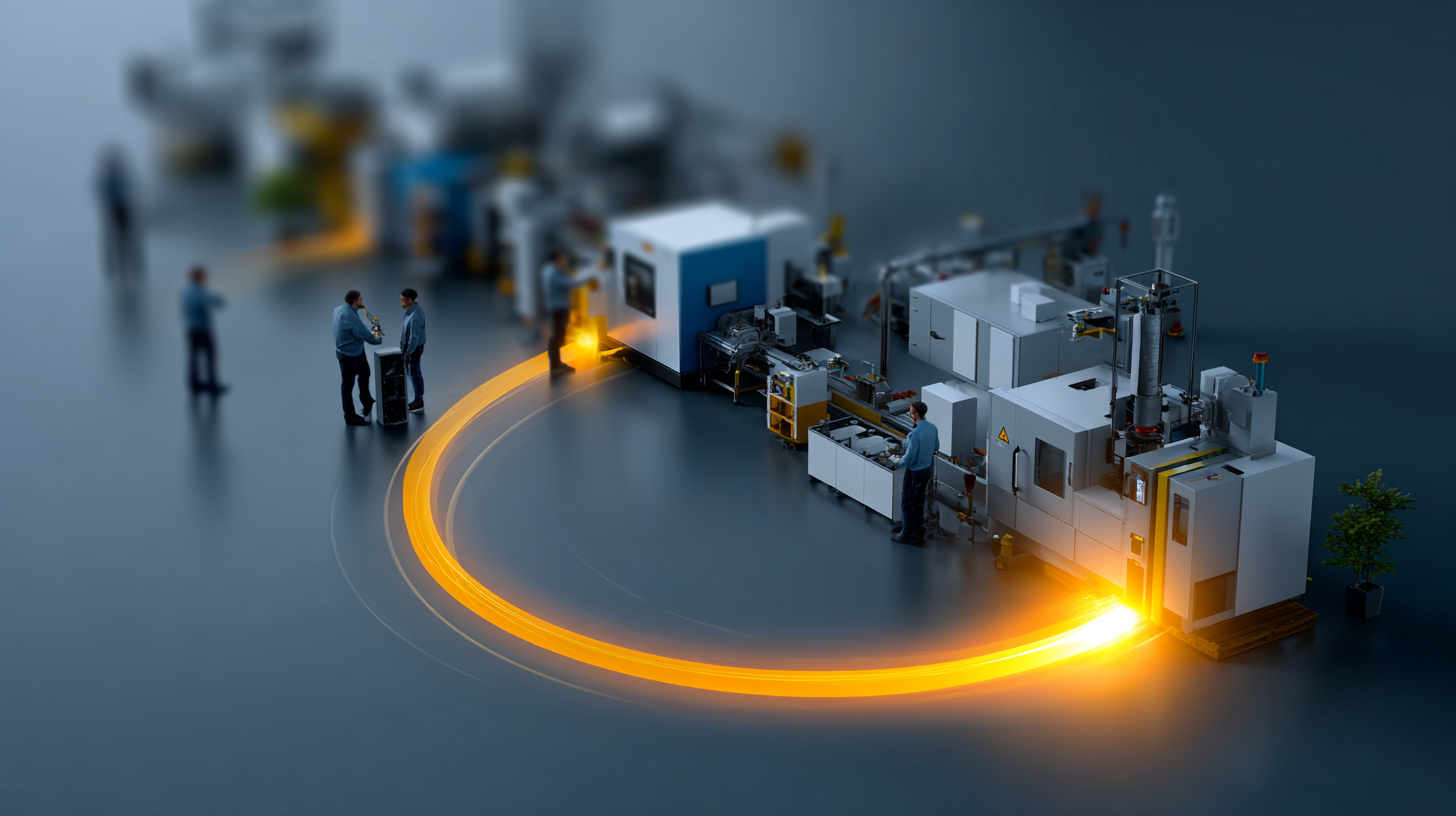 Futuristic factory with machines and people that work closely to together