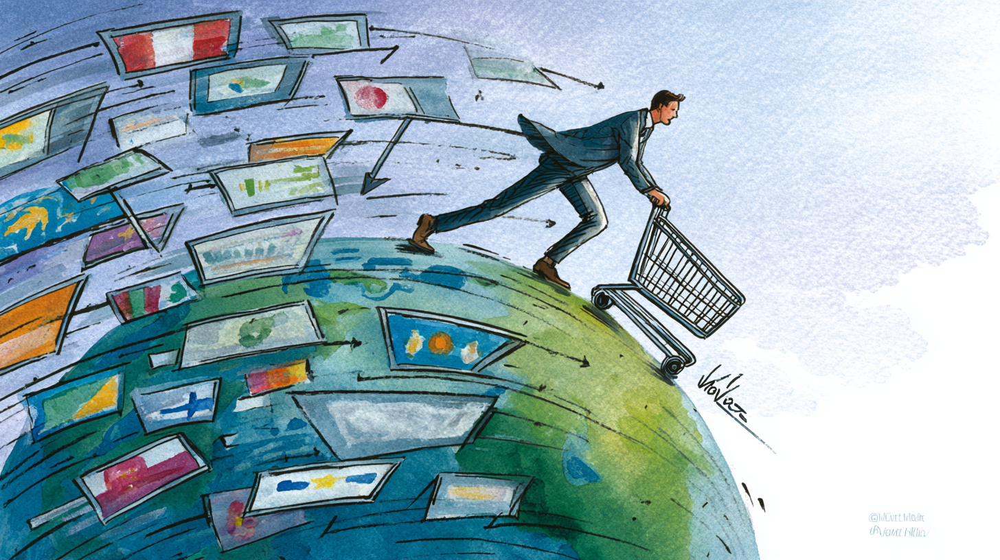 Business Mann schiebt Einkaufswagen auf einer Erdkugel