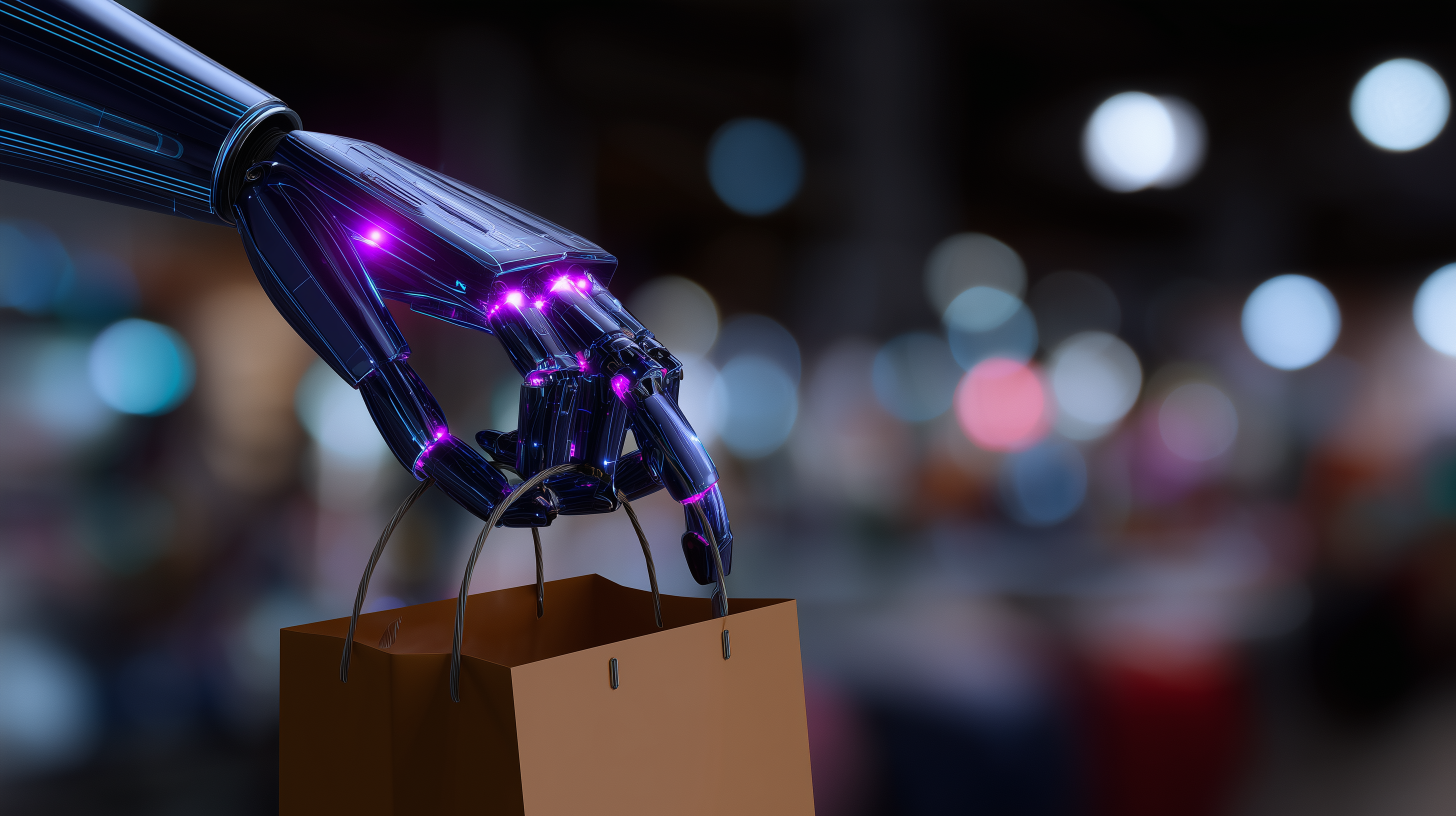 Roboterhand mit Einkaufstüte