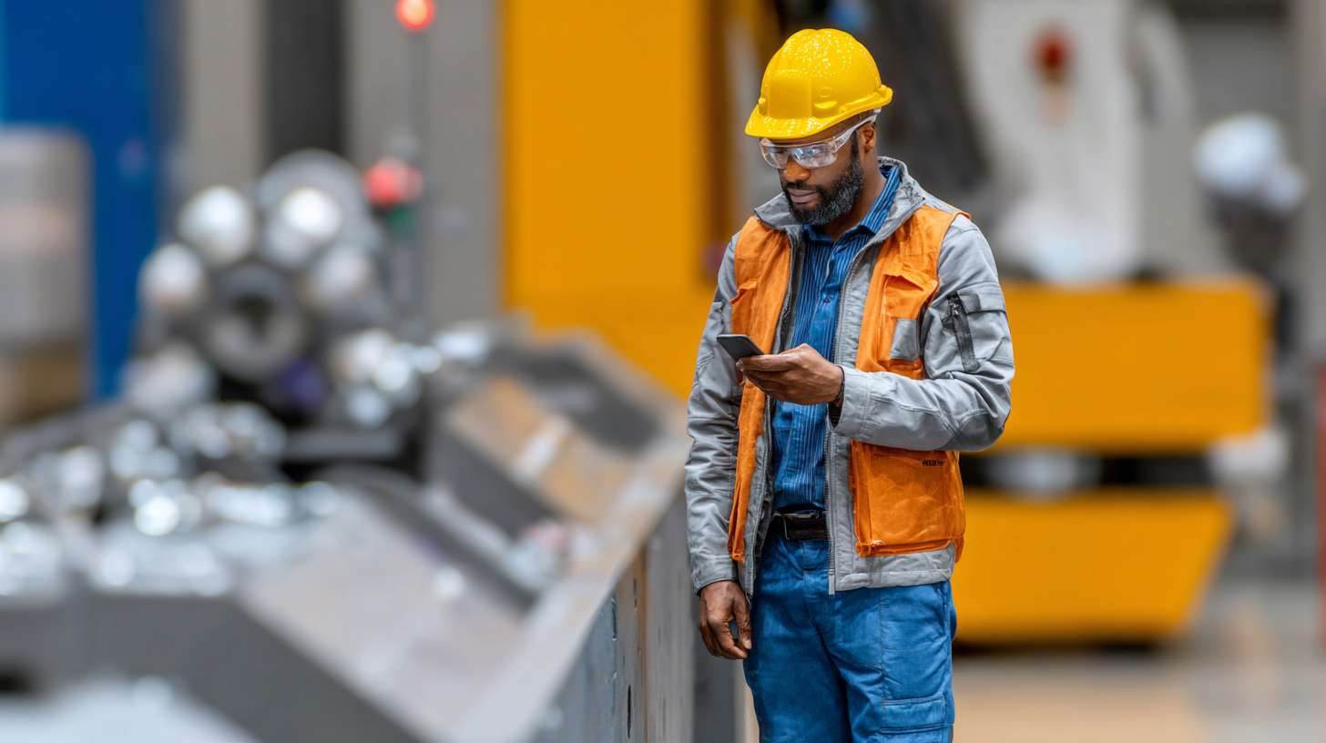 Mann mit Smartphone an Maschine