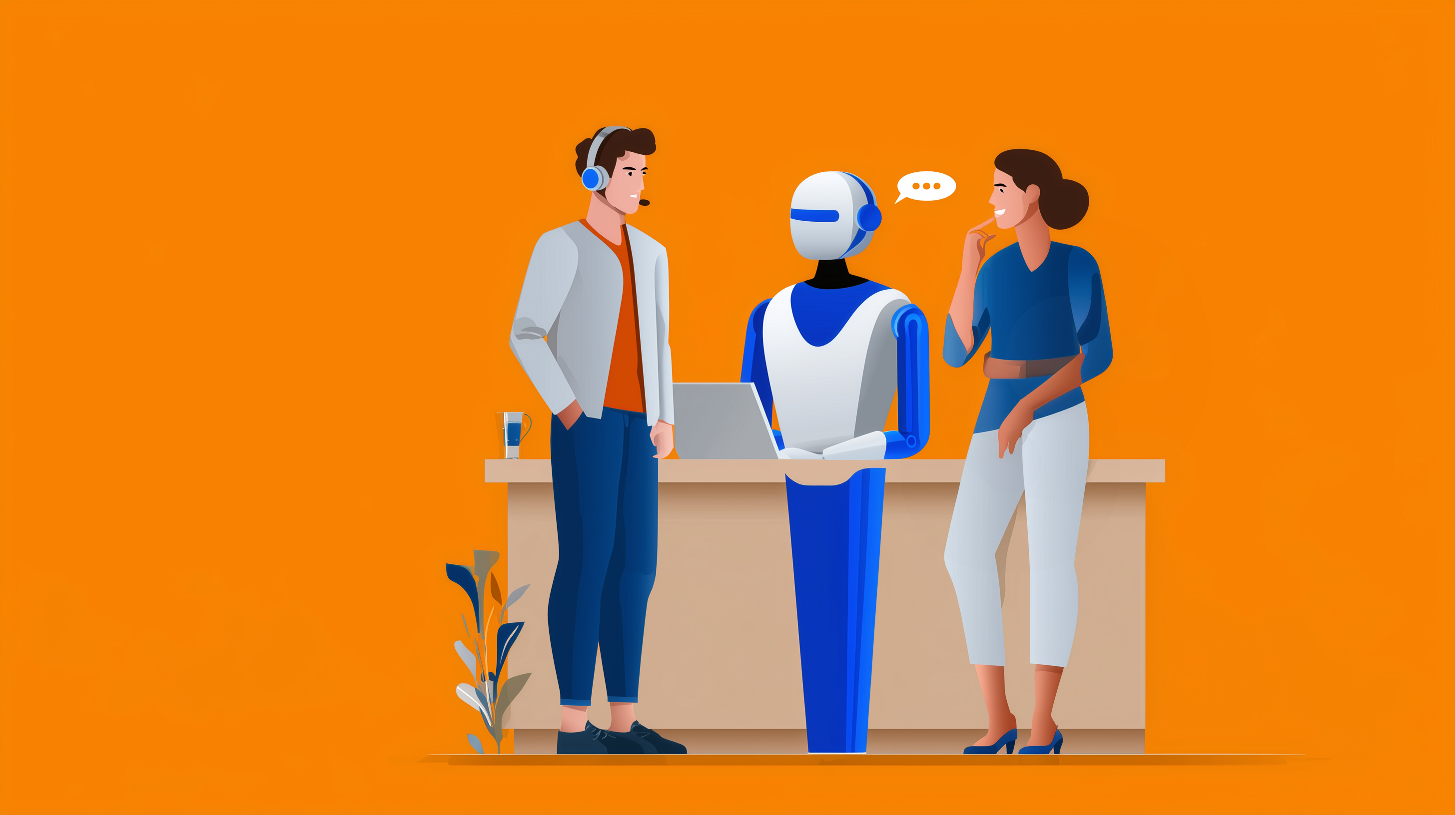 Ai in Customer Service, 2 people with robot and laptop